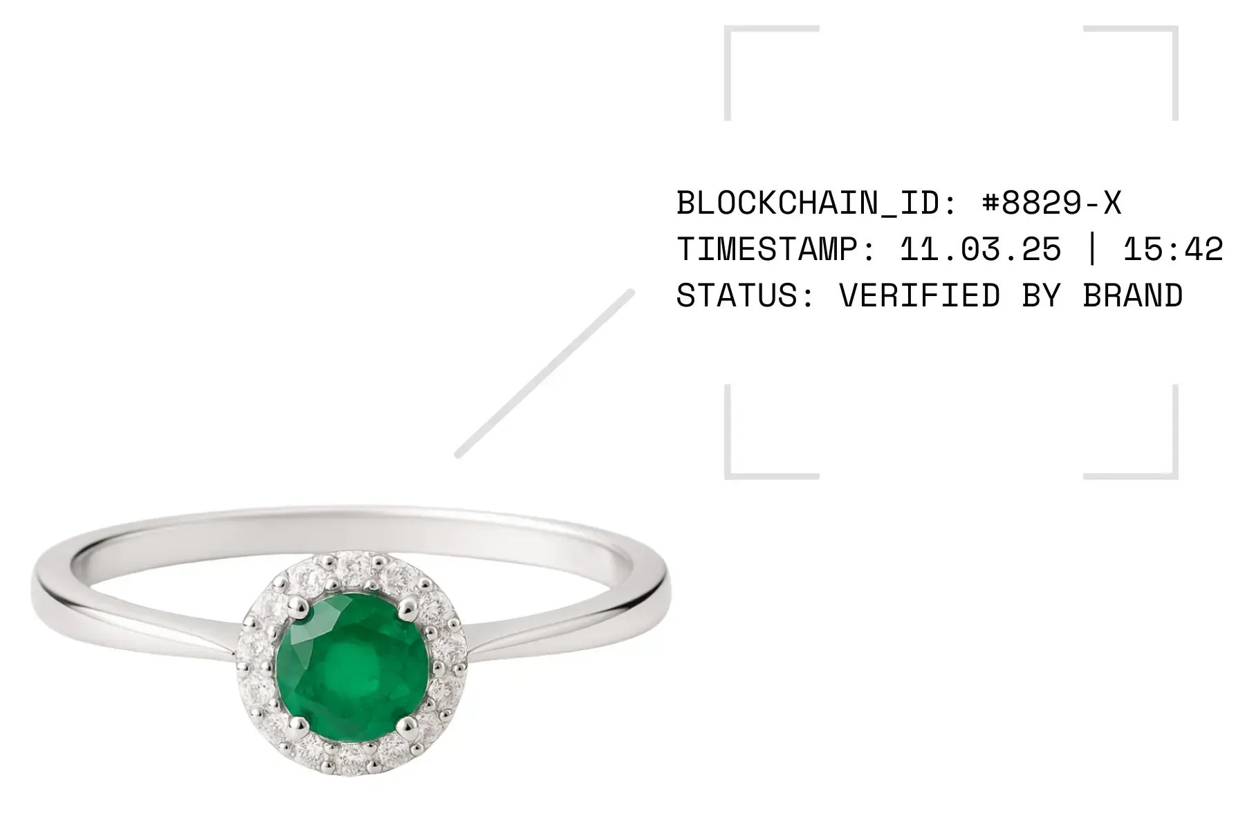 Certification blockchain d'une bague de luxe sur la plateforme Eternall Stories, affichant l'identifiant unique et l'horodatage pour garantir l'authenticité certifiée par la marque.