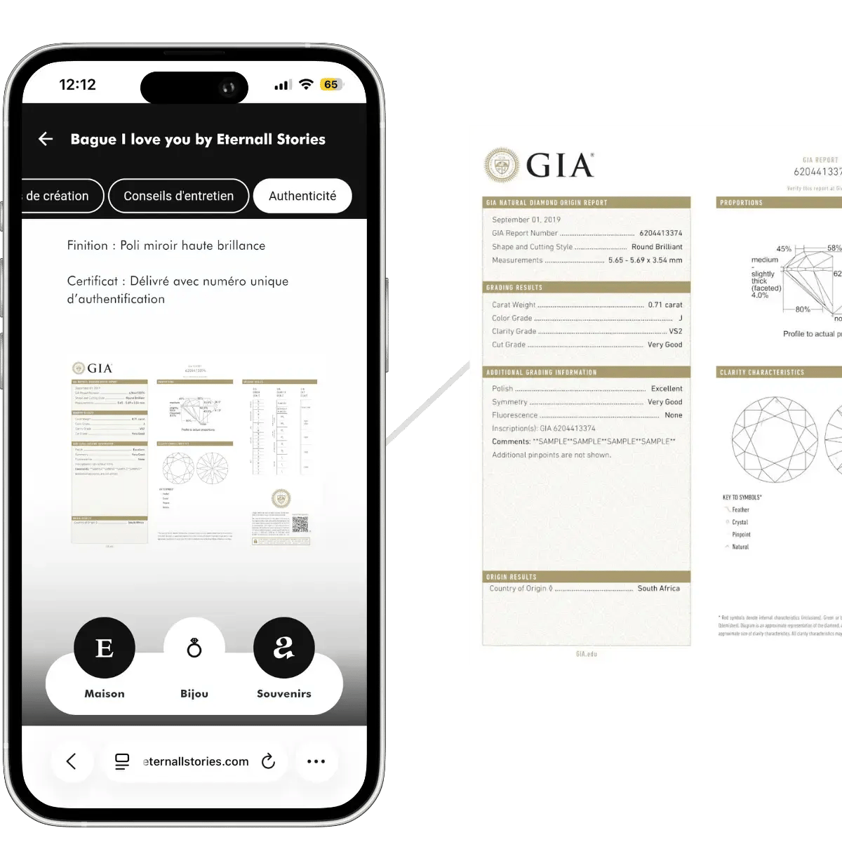 Aperçu numérique d'un certificat d'expertise diamantaire GIA intégré au passeport digital pour une traçabilité transparente.