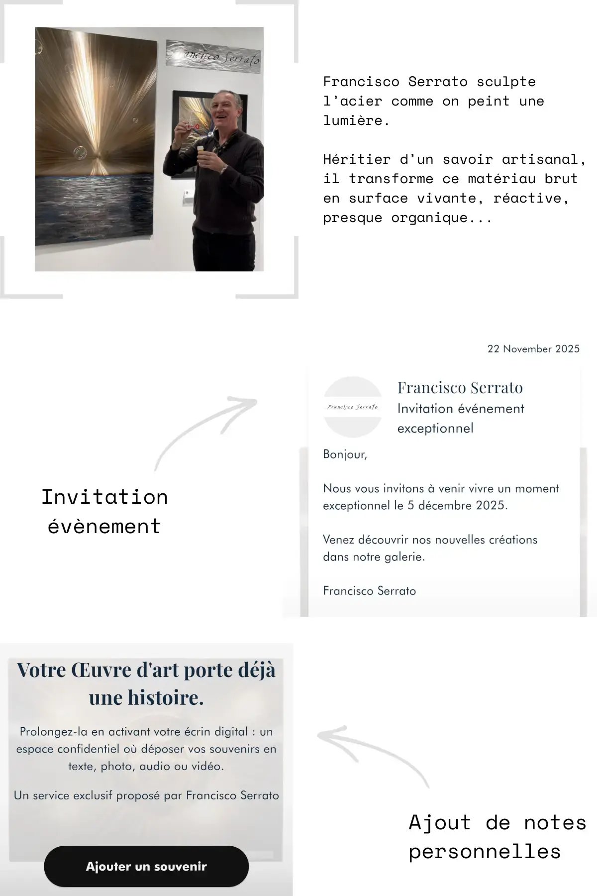 Parcours utilisateur Eternall Stories pour l'artiste Francisco Serrato, illustrant la création de l'œuvre, l'invitation digitale à un événement et l'ajout de notes personnelles sécurisées.
