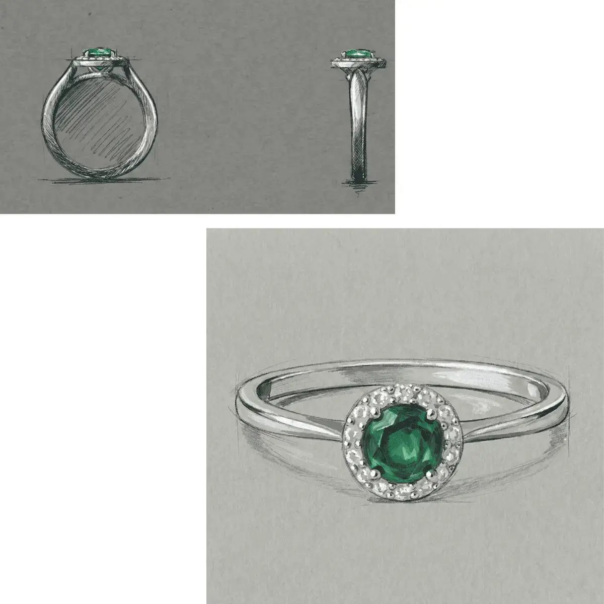 Dessin préparatoire (gouaché) d'une bague de haute joaillerie, étape clé du storytelling produit.