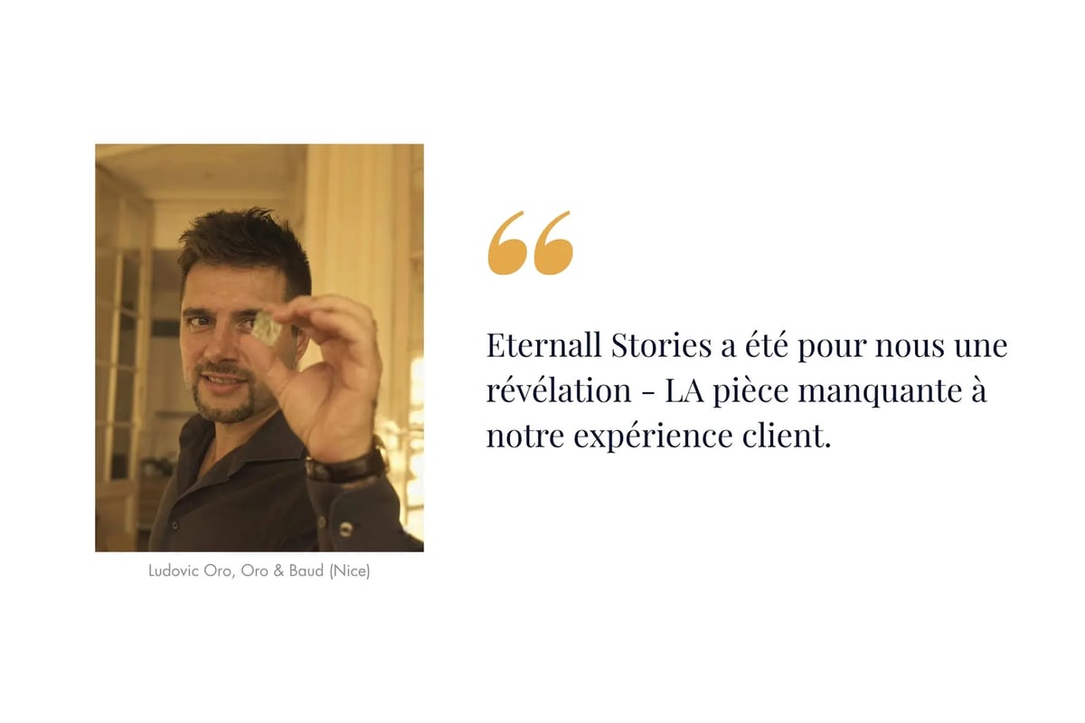 Portrait de Ludovic Oro, co-fondateur de la Maison ORO & BAUD, accompagné de son témoignage sur les bénéfices de la solution Eternall Stories pour la joaillerie d'exception.