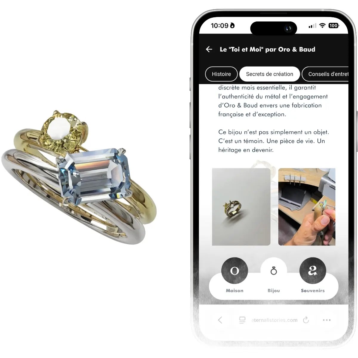 Présentation d'une bague ORO & BAUD et de son écrin digital personnalisé, illustrant l'accès exclusif aux secrets de création et à l'origine de la gemme via Eternall Stories.