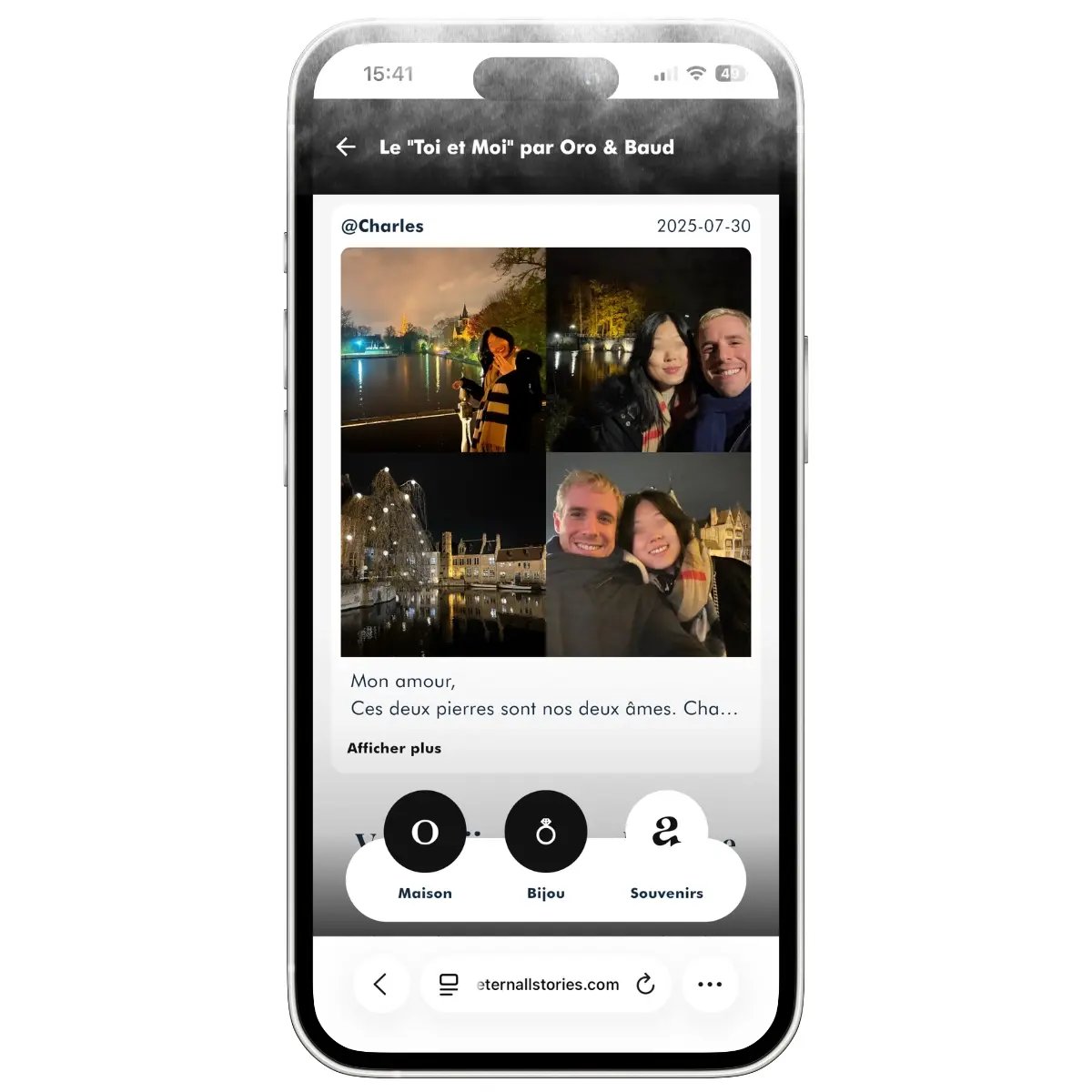 Aperçu du journal de bord numérique d'un bijou, montrant des souvenirs personnels et des photos de famille ajoutés par le client dans son passeport Eternall Stories.