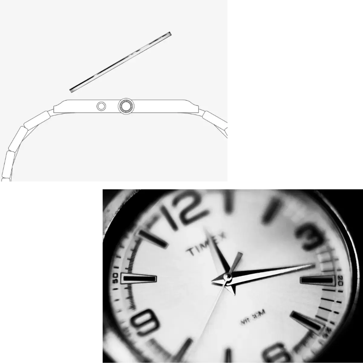 Vue en coupe d'un boîtier de montre de luxe et gros plan sur le cadran, illustrant la connexion sans contact entre l'objet horloger et son passeport numérique (DPP).