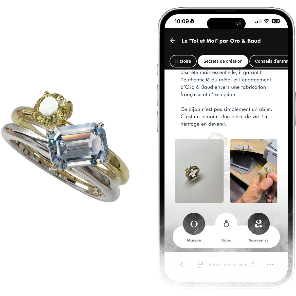 Présentation d'une bague ORO & BAUD et de son écrin digital personnalisé, illustrant l'accès exclusif aux secrets de création et à l'origine de la gemme via Eternall Stories.